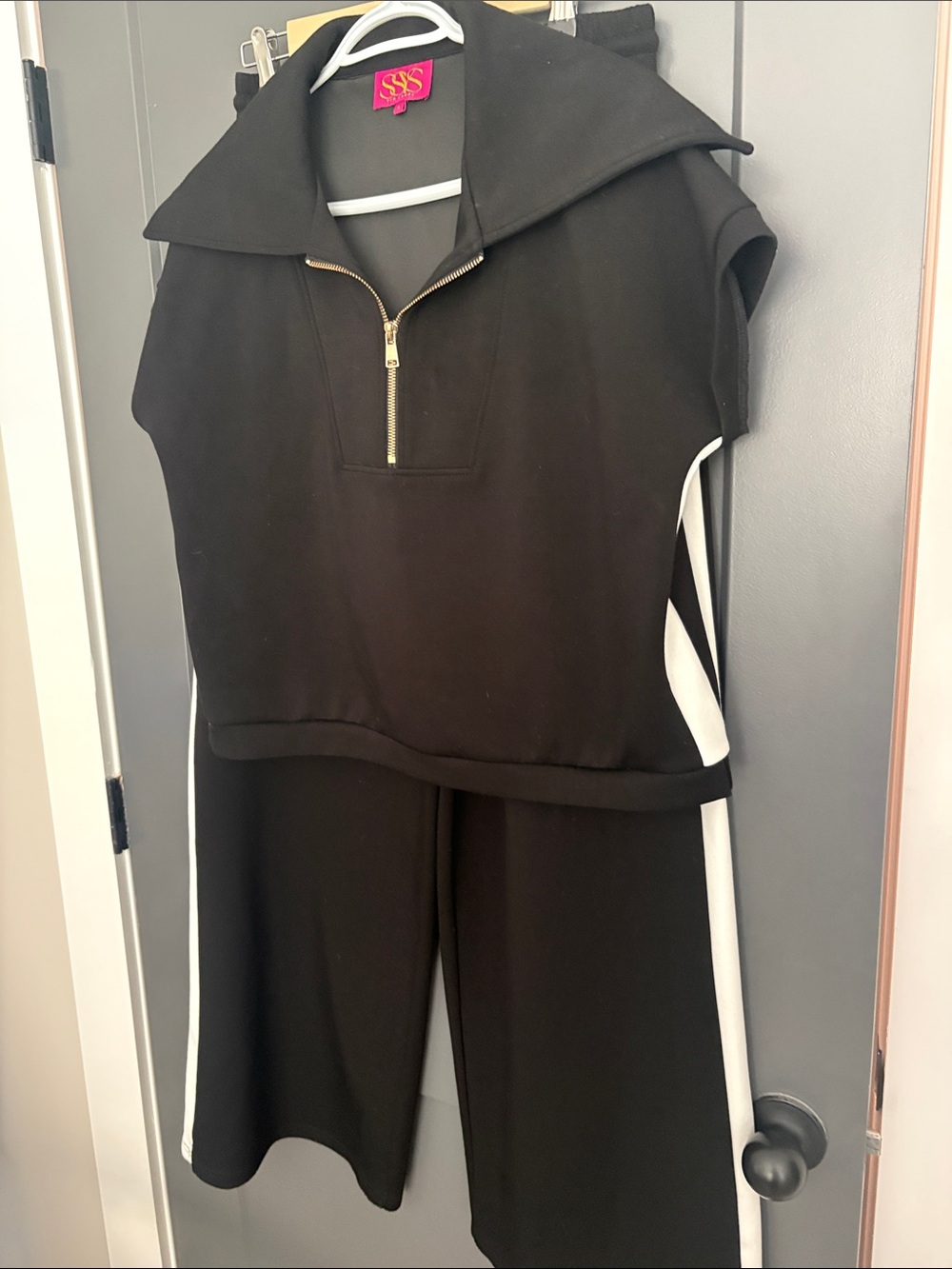 SSYS Scuba Knit Black Two-Piece Wide-Leg set with White Side Stripe